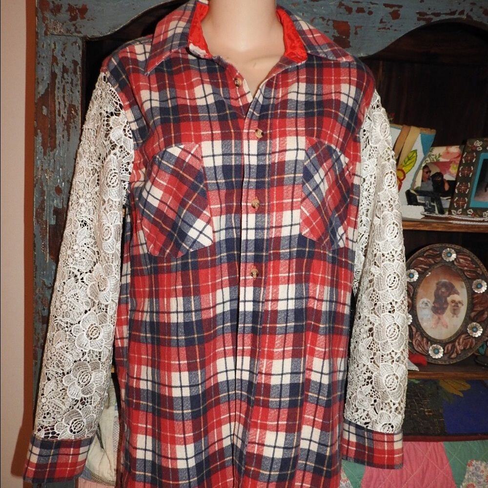 NWT VINTAGE UPCYCLED LF STORES FLANNEL PLAID FRENCH LACE SLEEVE SHIRT
